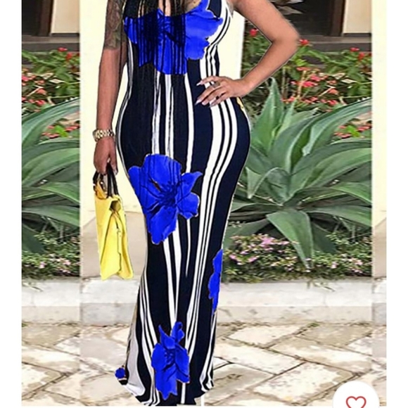 Sexy Floral Print Striped Bodycon Maxi Dress - Picture 2 of 4